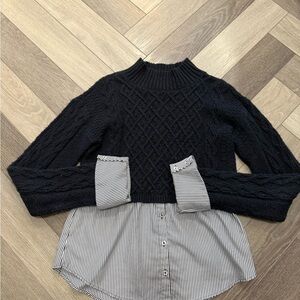 Maeve Black Cable Knit Sweater with Striped Detail